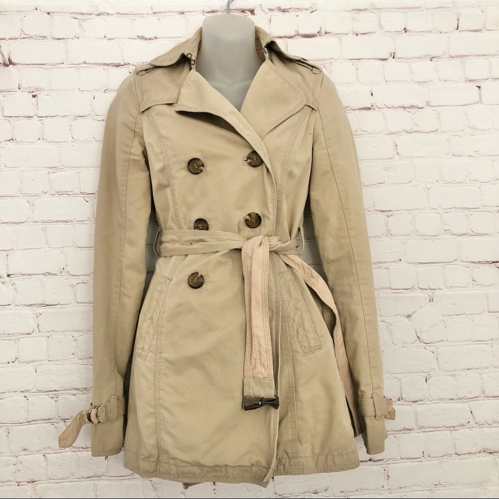 RUEHL NO. 925 Tan/Beige Double Breasted Trench Coat Belted Womens  X-Small